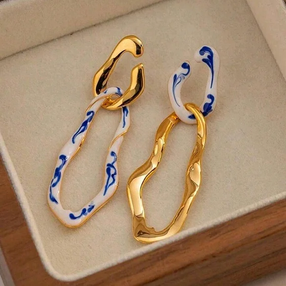 Asymmetrical earrings; white & blue enamel boho earrings; nwot - Picture 4 of 7